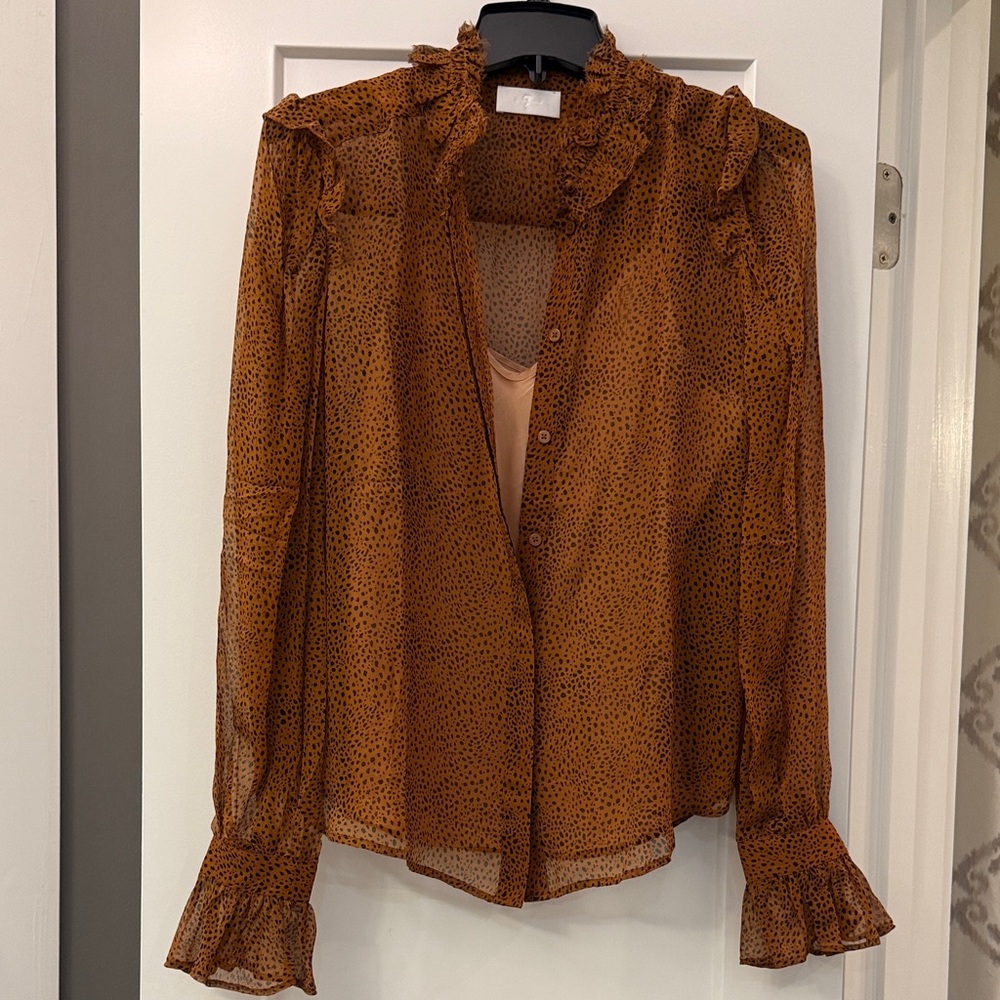 7 For All Mankind Silk Sheer Ruffled Blouse - Brown